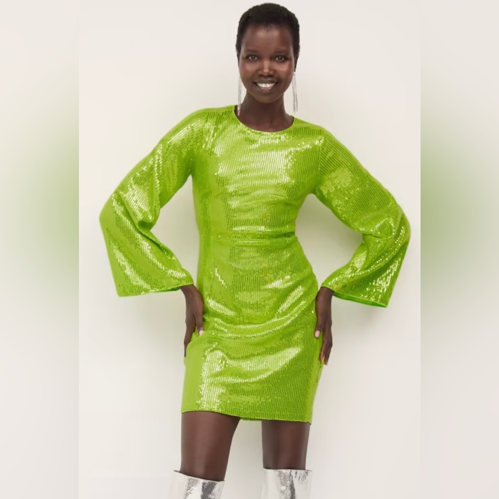 New York & Co Lime Sequins Bell Sleeve Dress NWOT
